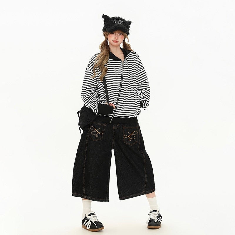 Women's American Embroidery Design Wide Leg Cropped Jeans - Image 5