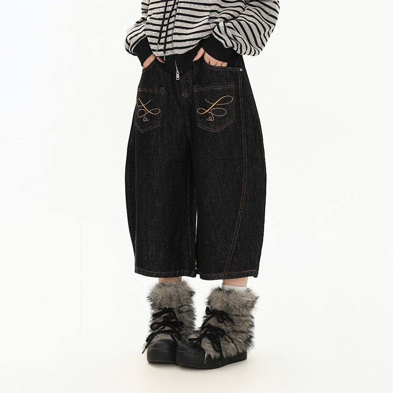 Women's American Embroidery Design Wide Leg Cropped Jeans - Image 1