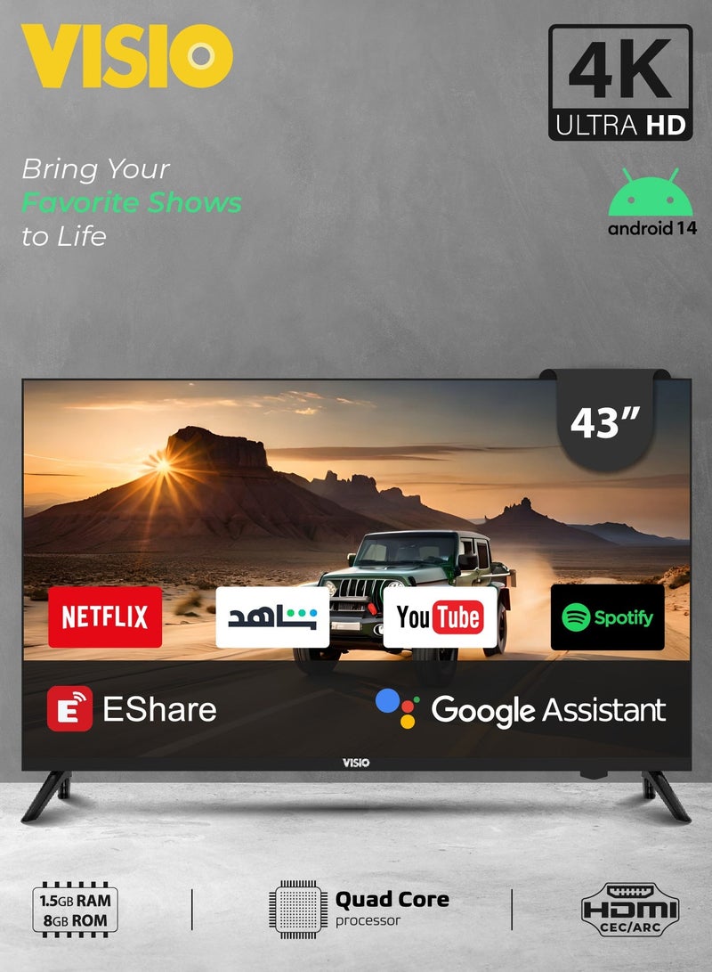 فيسيو تلفزيون ذكي ٤٣ بوصة بدقة ٤K، يعمل بنظام أندرويد ١٤ | تصميم بدون إطار | ٣ منافذ HDMI ومنفذا USB | معالج رباعي النواة - Image 5