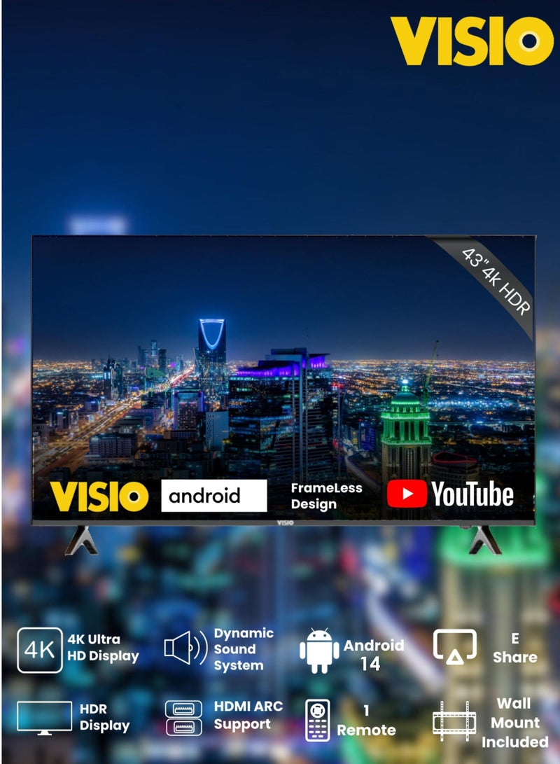 فيسيو تلفزيون ذكي ٤٣ بوصة بدقة ٤K، يعمل بنظام أندرويد ١٤ | تصميم بدون إطار | ٣ منافذ HDMI ومنفذا USB | معالج رباعي النواة - Image 4