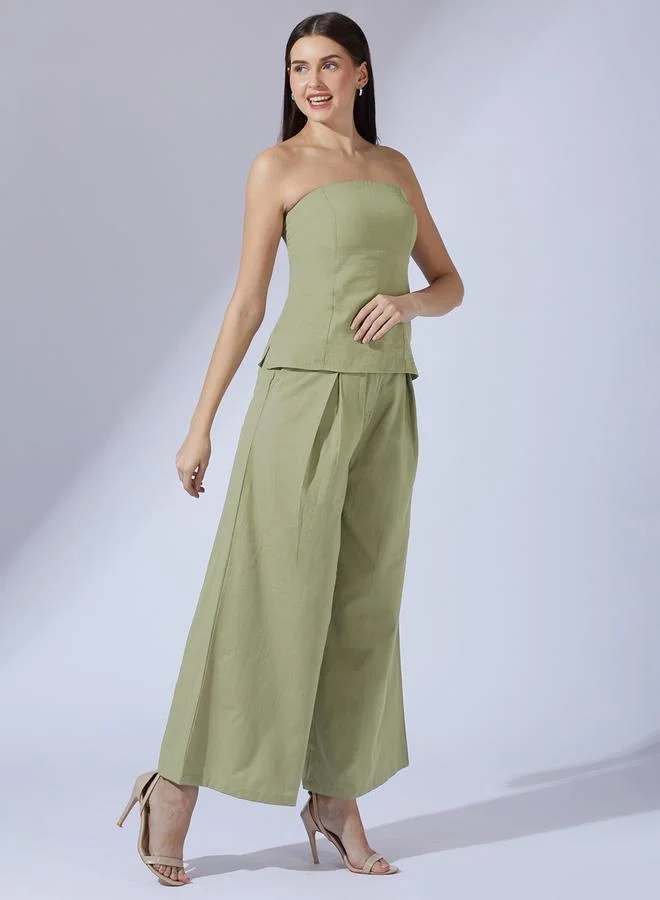 globus Olive Bandeau Top and Wide Leg Trousers Co-Ords