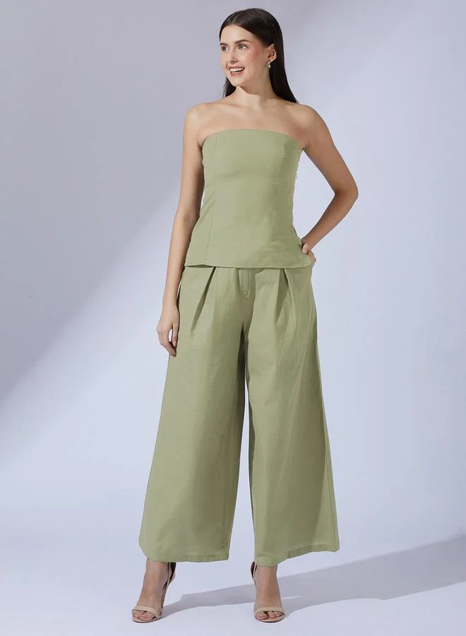 Olive Bandeau Top and Wide Leg Trousers Co-Ords