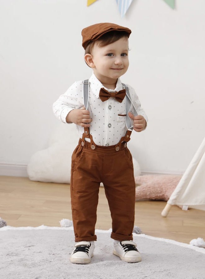 ZOEREA Baby Boy Suit Clothes Set Infant Tuxedo Long Sleeve Gentleman Outfits+Suspender Pants+Bowtie+Beret Hat 18-24 Months - Image 3
