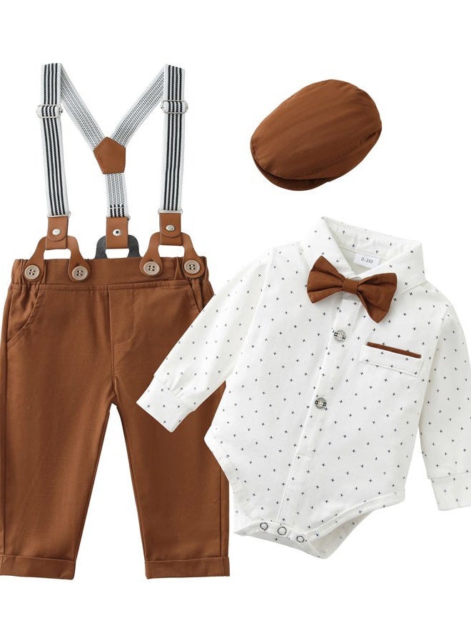 ZOEREA Baby Boy Suit Clothes Set Infant Tuxedo Long Sleeve Gentleman Outfits+Suspender Pants+Bowtie+Beret Hat 18-24 Months - Image 1