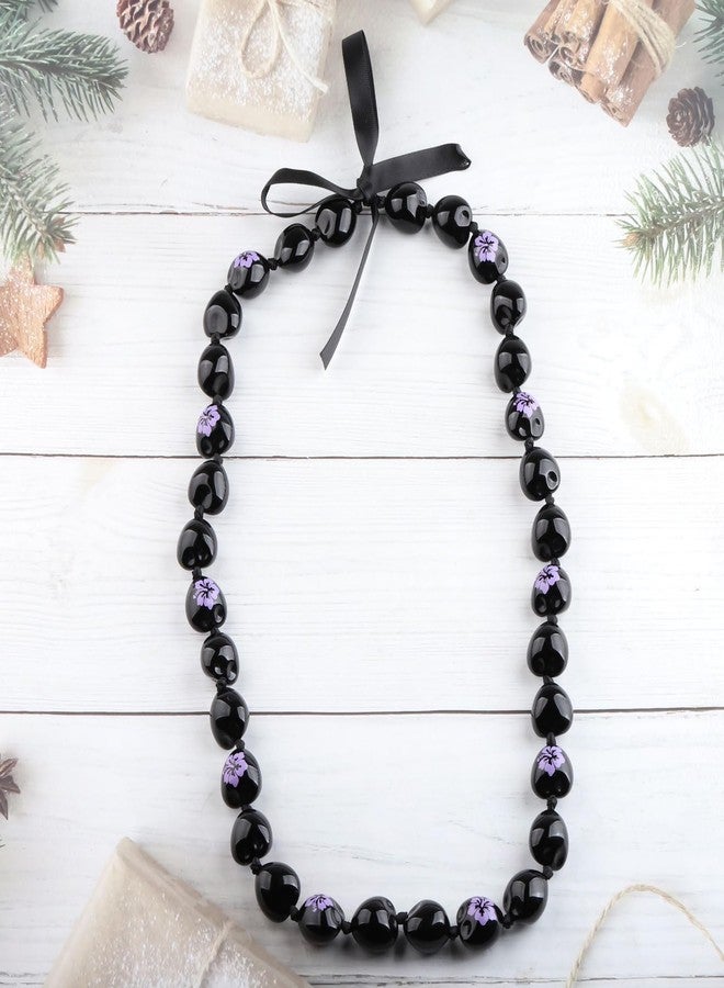 BNQL Stainless Steel Kukui Nut Lei Necklace, Graduation Gifts for Her Him, Chunky Beaded Unisex Jewelry with Ribbon, 28.5 inches, Class of 2024, Hawaiian Luau Party, Purple Flower - Image 4