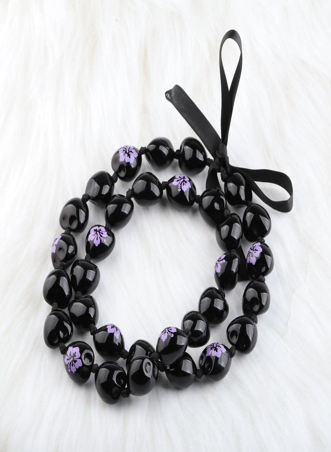 BNQL Stainless Steel Kukui Nut Lei Necklace, Graduation Gifts for Her Him, Chunky Beaded Unisex Jewelry with Ribbon, 28.5 inches, Class of 2024, Hawaiian Luau Party, Purple Flower - Image 2