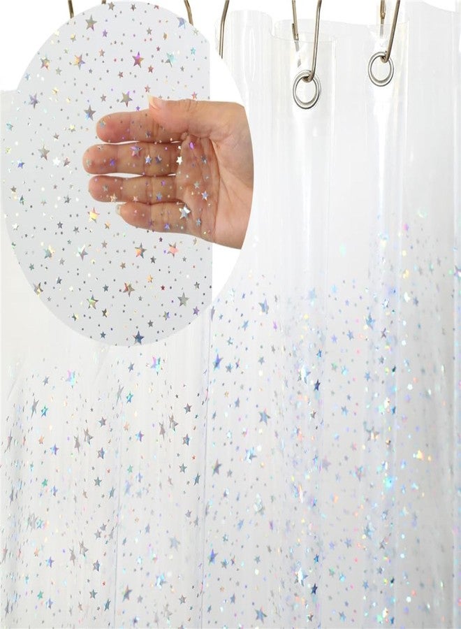 Riyidecor Clear Shower Curtain Liner 72Wx72H Inch Holographic Iridescent Sheer Plastic Glitter Star Premium Light Weight Thin PEVA Transparent Bathroom Decor Waterproof 12 Pack Plastic Hooks - Image 1