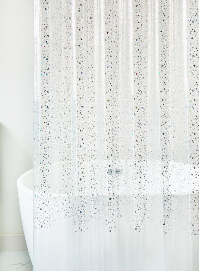 Riyidecor Clear Shower Curtain Liner 72Wx72H Inch Holographic Iridescent Sheer Plastic Glitter Star Premium Light Weight Thin PEVA Transparent Bathroom Decor Waterproof 12 Pack Plastic Hooks - Image 2