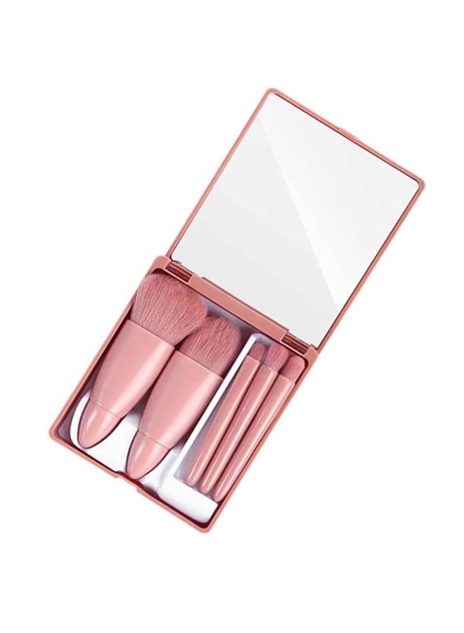 jaexest 5 Pack Portable Mini Make up Brush Set With Mirror and Case Soft Fiber Hair Powder and Eye Shadow Brushes for Professional Beauty Tools - Pink - Image 3