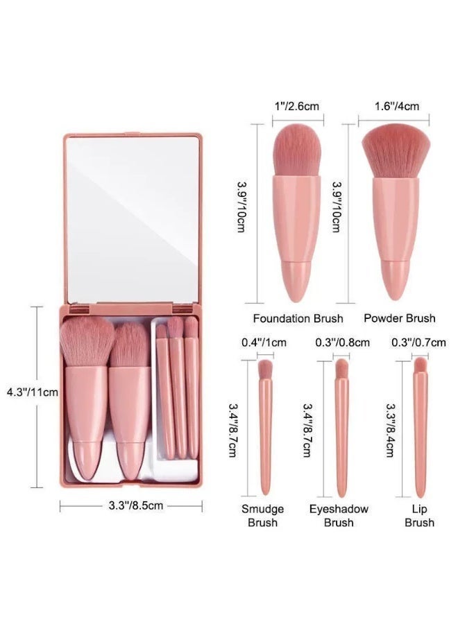 jaexest 5 Pack Portable Mini Make up Brush Set With Mirror and Case Soft Fiber Hair Powder and Eye Shadow Brushes for Professional Beauty Tools - Pink - Image 4