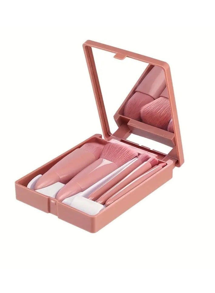 jaexest 5 Pack Portable Mini Make up Brush Set With Mirror and Case Soft Fiber Hair Powder and Eye Shadow Brushes for Professional Beauty Tools - Pink - Image 1