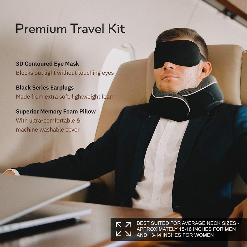 Proglobe Orthopedic Neck Pillow, Travel Neck Pillows for Airplanes, Memory Foam Kit, 360Â° Head Support, Airplane Pillow Set with 3D Contoured Eye Masks, Earplugs, and Luxury Mesh Bag (Black) - Image 2