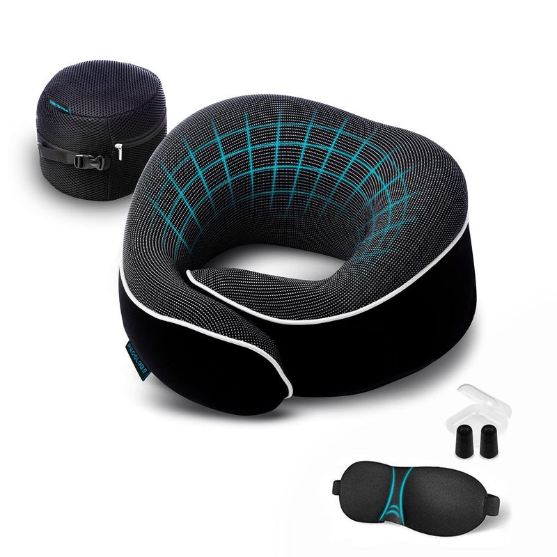 Proglobe Orthopedic Neck Pillow, Travel Neck Pillows for Airplanes, Memory Foam Kit, 360Â° Head Support, Airplane Pillow Set with 3D Contoured Eye Masks, Earplugs, and Luxury Mesh Bag (Black) - Image 1
