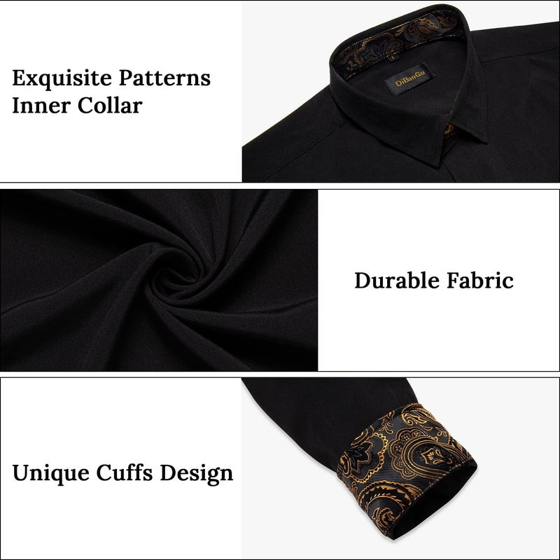 DiBanGu Men's Dress Shirt Long Sleeve Casual Button Down Shirts Regular Fit Inner Contrast Shirt for Business Party, Black and Gold, Large - Image 5