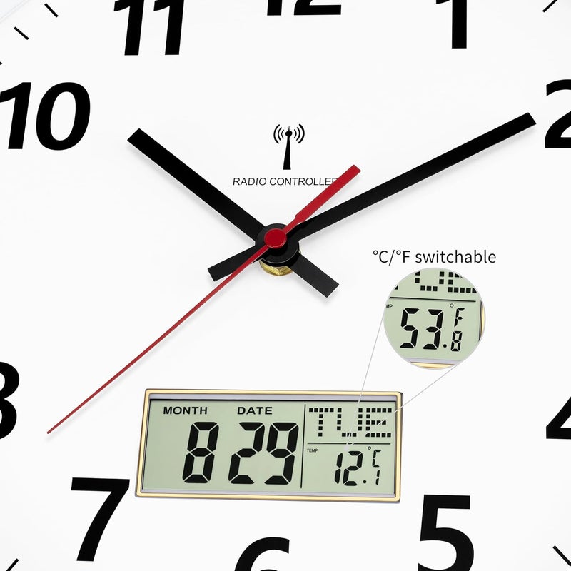 Foxtop Wall Clock Radio Digital 12 inches Kitchen Clock Radio Analog Wall Clock with Temperature and Date LCD Display Clock for Kitchen Clock, Living Room Clock, Office Clock - Image 3