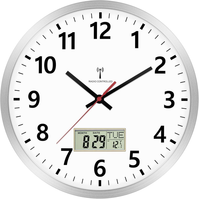 Foxtop Wall Clock Radio Digital 12 inches Kitchen Clock Radio Analog Wall Clock with Temperature and Date LCD Display Clock for Kitchen Clock, Living Room Clock, Office Clock - Image 1