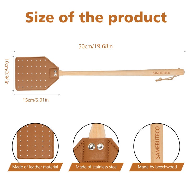 SAMEBUTECO SAMEBUTECO Heavy Duty Leather Fly Swatter Brown Leather with Beech Wood Long Handle for Indoor and Outdoor 19.7’’  - Image 2