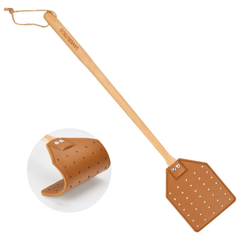 SAMEBUTECO SAMEBUTECO Heavy Duty Leather Fly Swatter Brown Leather with Beech Wood Long Handle for Indoor and Outdoor 19.7’’  - Image 1
