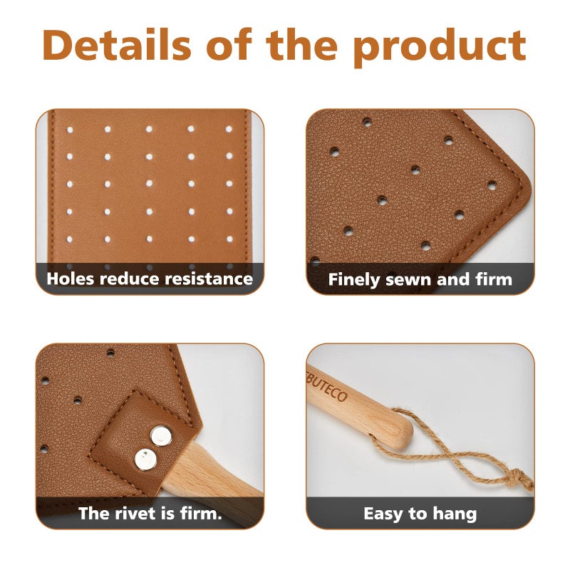 SAMEBUTECO SAMEBUTECO Heavy Duty Leather Fly Swatter Brown Leather with Beech Wood Long Handle for Indoor and Outdoor 19.7’’  - Image 3
