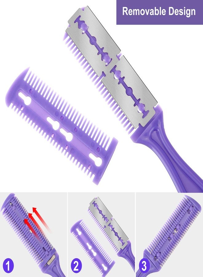 Maitys 3 Pieces Hair Cutting Comb Set with 10 Razors, Double Edge Razor, Thinning Comb for Slim Haircuts (Green, Purple, Pink) - Image 5
