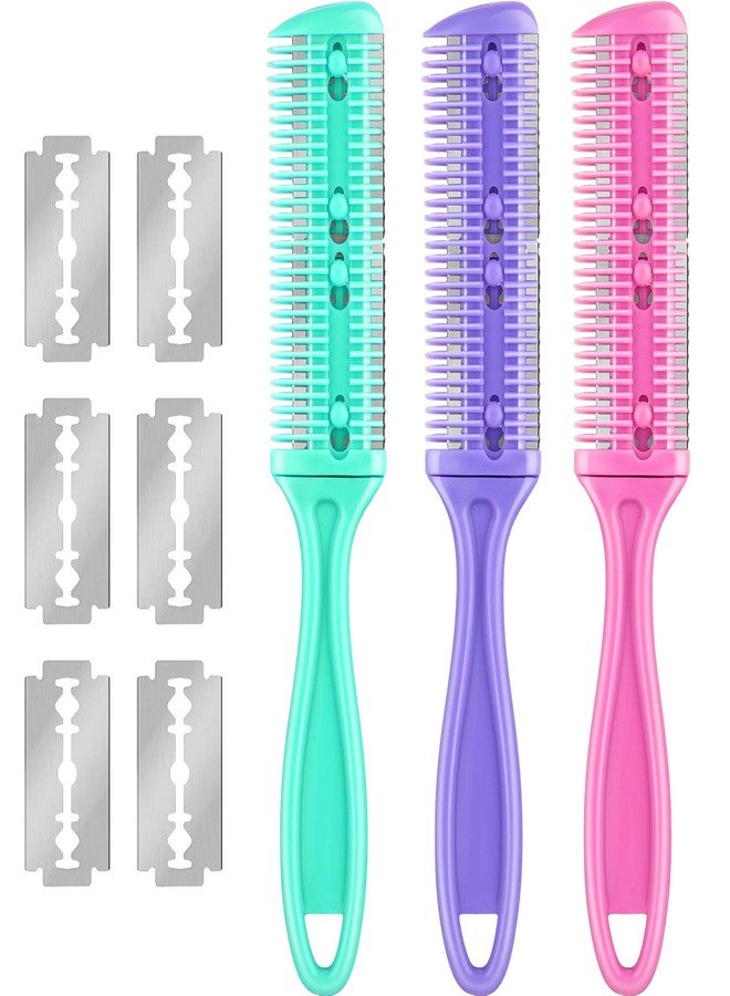 Maitys 3 Pieces Hair Cutting Comb Set with 10 Razors, Double Edge Razor, Thinning Comb for Slim Haircuts (Green, Purple, Pink) - Image 1