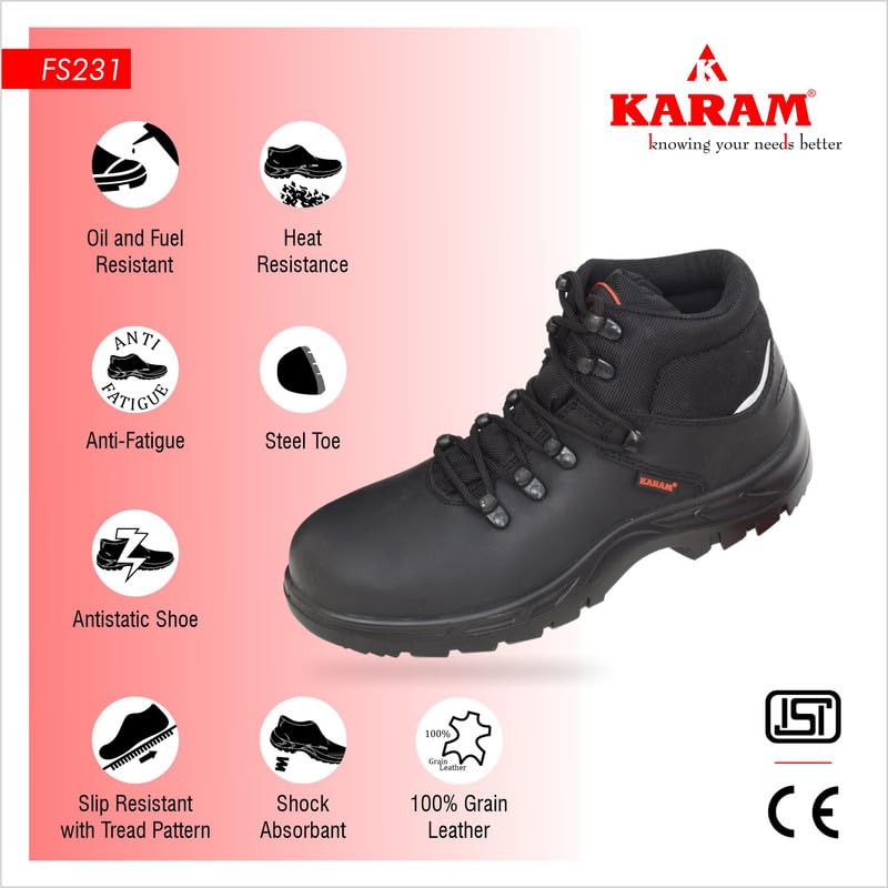 KARAM FS231 High Ankle Buff Black Grain Leather Safety Shoes for Men | Single Density with Steel Toe | Antistatic, Antislip, Oil & Heat Resistant | Size-12 - Image 2