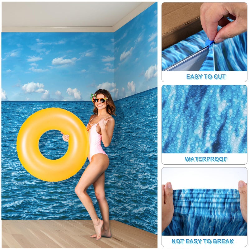 Jectivs 4.5x33 Ft Ocean Sky Wall Backdrop Decorations,Roll of Plastic Blue Ocean Sky White Clouds Photography Background,Under The Sea Natural Scenery Wallpaper Summer Weeding Birthday Pool Party Photo Props - Image 3