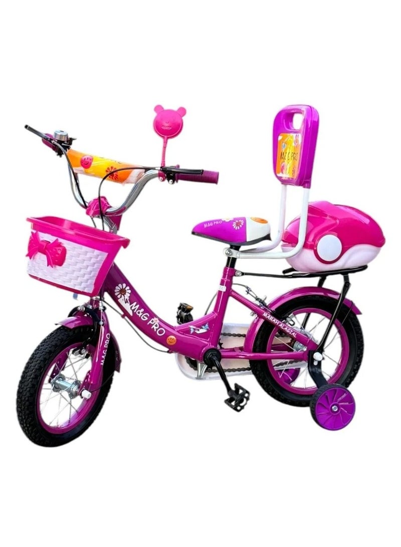 ام اند جي دراجة للبنات مقاس 12 بوصة مع عجلات تدريب - دراجة أرجوانية مع سلة ومقعد خلفي، ارتفاع قابل للتعديل - مثالية للأطفال من عمر 2 إلى 5 سنوات - Image 2