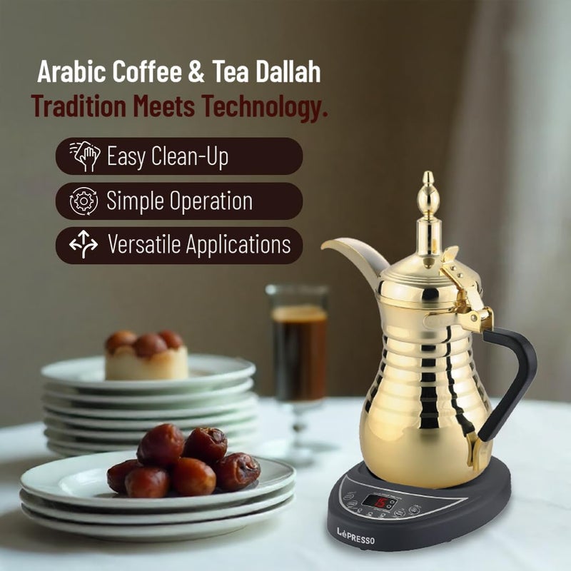 ليبرسو Arabic Coffee & Tea Dallah، مصنوع من سبائك الفولاذ المقاومة للصدأ (304)، يحتوي على نظام حماية من الحرارة الزائدة، قدرة كهربائية مقدرة بـ 800 واط، إبريق ماء أوتوماتيكي، سعة 750 مل، يمكنه غلي الماء وتسخين الحليب، أكواب القهوة – لون ذهبي. - Image 2