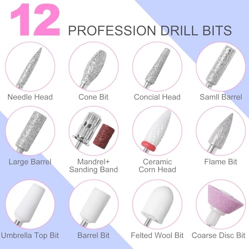 MEKK Nail Filer Electric Nail File,35000RPM Electric Nail Drill Kit with 12PCS Bits,Professional Anti-Shaking Cordless Nail Drill for Acrylic Nails,Home & Salon-Pink - Image 4