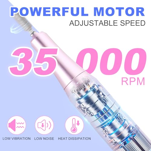 MEKK Nail Filer Electric Nail File,35000RPM Electric Nail Drill Kit with 12PCS Bits,Professional Anti-Shaking Cordless Nail Drill for Acrylic Nails,Home & Salon-Pink - Image 3