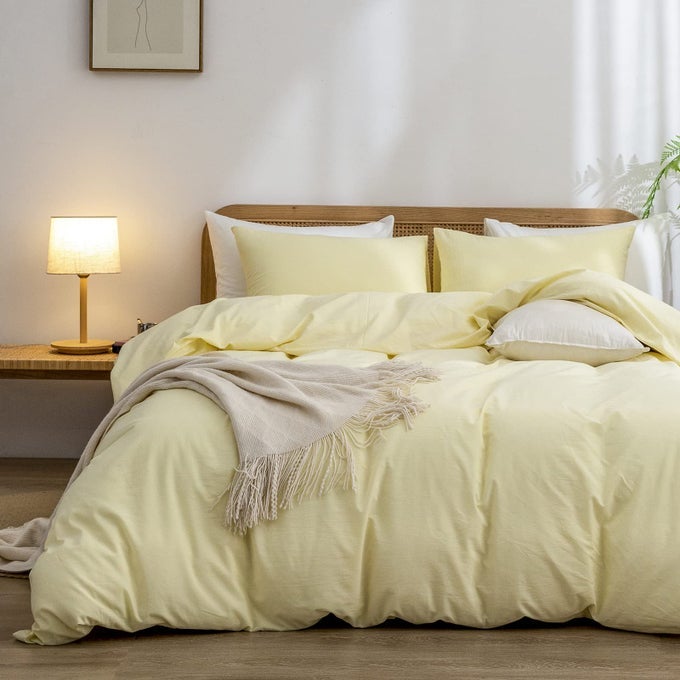 DUVET COVER SET 100 WASHED COTTON LINEN FEEL SUPER SOFT COMFORTABLE CHIC LIGHTWEIGHT 3 PCS HOME BEDDING SET SOLID LIGHT YELLOW KING