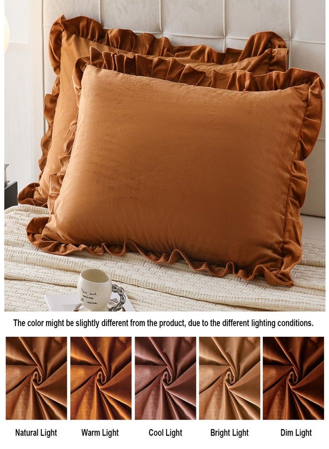 Move Over Camel Velvet Pillowcases Caramel Ruffle Pillowcases King Size Golden Camel Velvet Pillow Cover Vintage and Chic Velvet Ruffled Pillow Cases Luxury Fuzzy Pillow Case Cover Set of 2 - Image 4