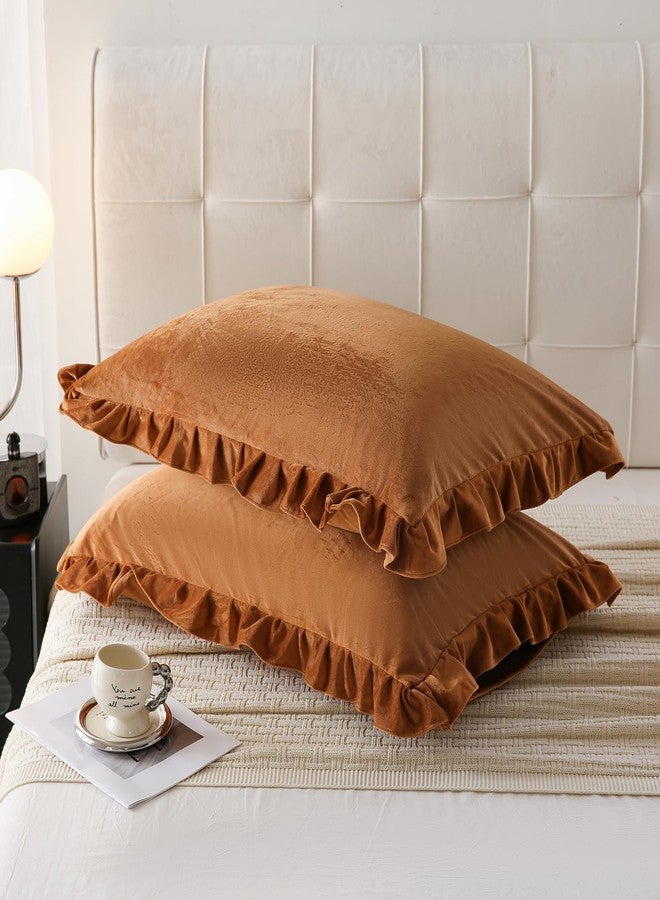 Move Over Camel Velvet Pillowcases Caramel Ruffle Pillowcases King Size Golden Camel Velvet Pillow Cover Vintage and Chic Velvet Ruffled Pillow Cases Luxury Fuzzy Pillow Case Cover Set of 2 - Image 3