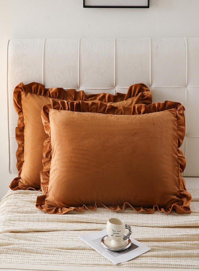 Move Over Camel Velvet Pillowcases Caramel Ruffle Pillowcases King Size Golden Camel Velvet Pillow Cover Vintage and Chic Velvet Ruffled Pillow Cases Luxury Fuzzy Pillow Case Cover Set of 2 - Image 1