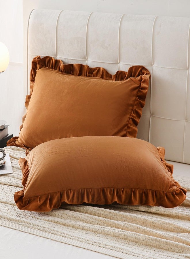 Move Over Camel Velvet Pillowcases Caramel Ruffle Pillowcases King Size Golden Camel Velvet Pillow Cover Vintage and Chic Velvet Ruffled Pillow Cases Luxury Fuzzy Pillow Case Cover Set of 2 - Image 2
