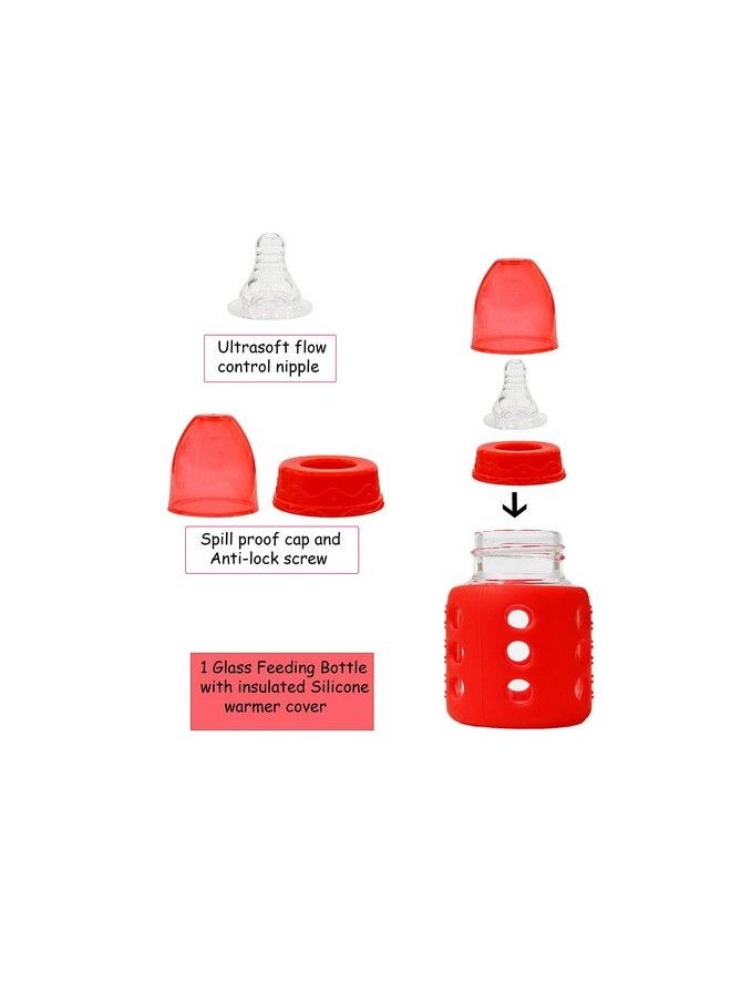 The Little Lookers - High Borosilicate Glass Feeding Bottle For Baby Feeder For Newborn ; Super Soft Flow Control & Anti Colic Nipple For Infants Toddlersred (60Ml) - Image 1