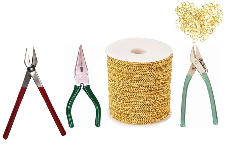 SHARUM CRAFTS Combo of Link Extension Chain Golden 1mm 10 Mtr Flat Nose Cutter Sansi Plier - Image 1