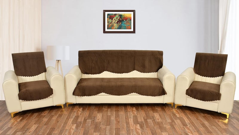 Yellow Weaves Velvet 5 Seater Quilted Sofa Cover and Chair Cover, Seat & Back Cover, Color - Dark Brown - Image 1