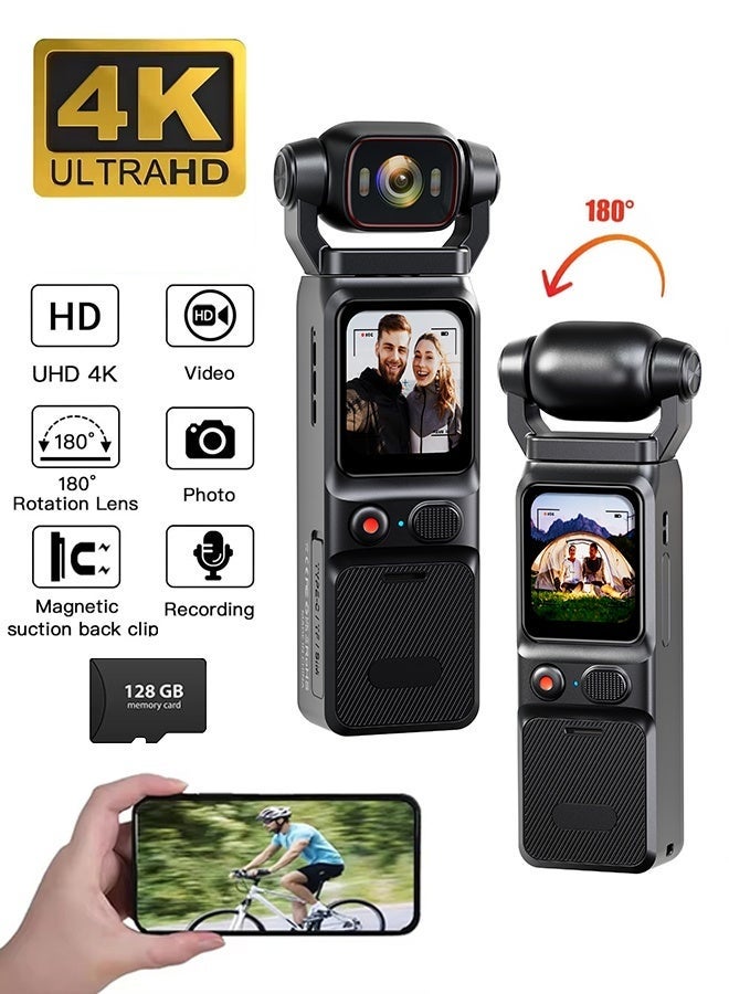 4K Action Camera with 3000mAh Battery | 6-Axis Stabilizer | 1.69-inch HD Touch Screen | 160° Wide Angle & 180° Rotating Lens | Includes 128GB Card for Outdoor Riding, Diving, Vlogging - Image 1