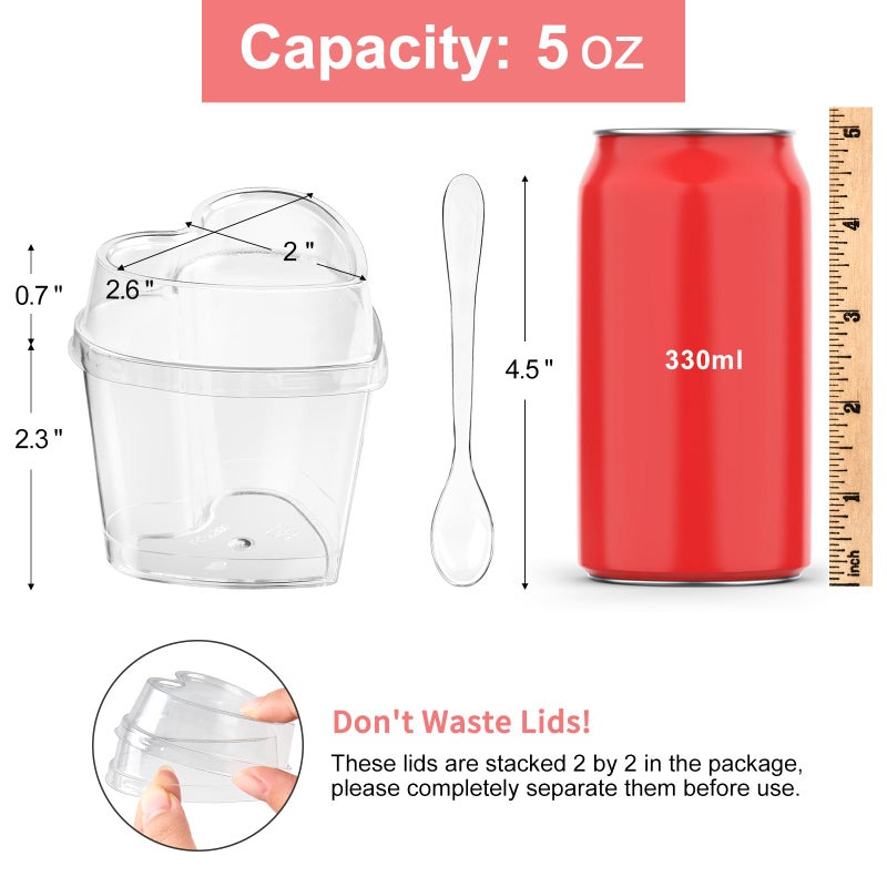Qeirudu 100 Pack 5 oz Heart Shaped Dessert Cups with Lids and Spoons, Mini Plastic Parfait Cups Valentine's Day Shooter Cups for Appetizer Mousse Pudding - Image 2