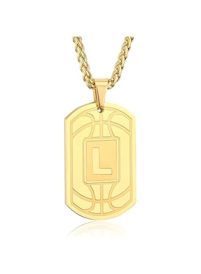 Basketball Initial Necklace for Men Boys Teen Kids Dog Tag Stainless Steel Sliver/Black/Gold Letter Pendant Sport Basketball Athletes Jewelry Gifts  Gifts for Kids Boys Men Teens - Image 1