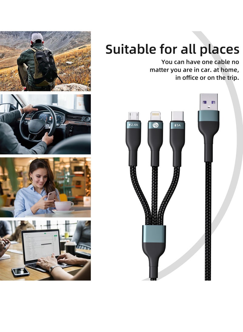 Excefore كابل شحن متعدد 3 في 1، كابل شحن USB سريع مضفر من النايلون، موصل كابل USB ثابت للشحن السريع، مع منفذ Type-C وMicro USB وIP، للاستخدام المنزلي والمكتب والشحن اليومي (4 أقدام) - Image 5