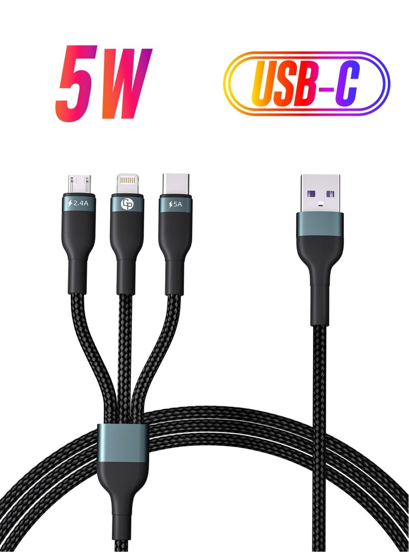 Excefore كابل شحن متعدد 3 في 1، كابل شحن USB سريع مضفر من النايلون، موصل كابل USB ثابت للشحن السريع، مع منفذ Type-C وMicro USB وIP، للاستخدام المنزلي والمكتب والشحن اليومي (4 أقدام) - Image 1