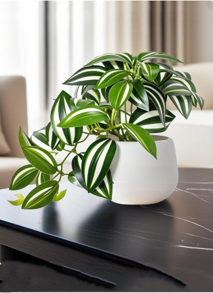 Kutis 1-Piece Simulation Potted Decorative Artificial Bonsai Plant Green Leaf Home Bedroom Living Room Desktop Decoration Green/White 10x15.5 cm  - Image 2