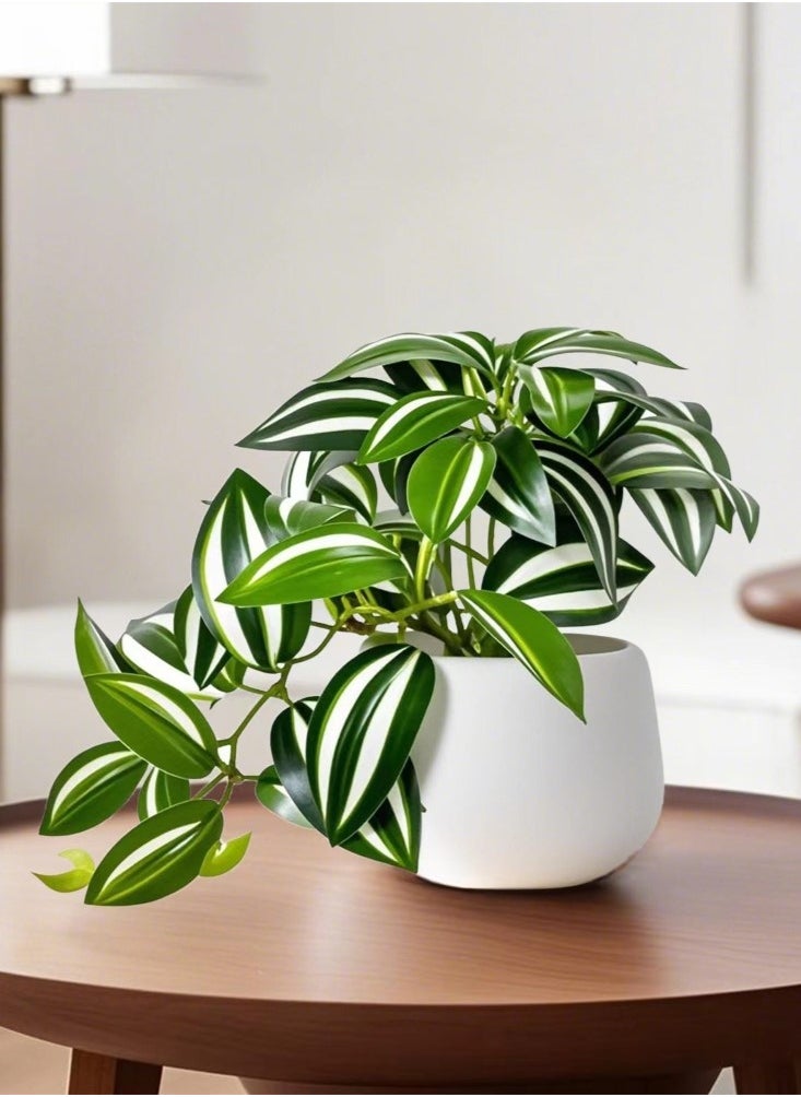Kutis 1-Piece Simulation Potted Decorative Artificial Bonsai Plant Green Leaf Home Bedroom Living Room Desktop Decoration Green/White 10x15.5 cm  - Image 1