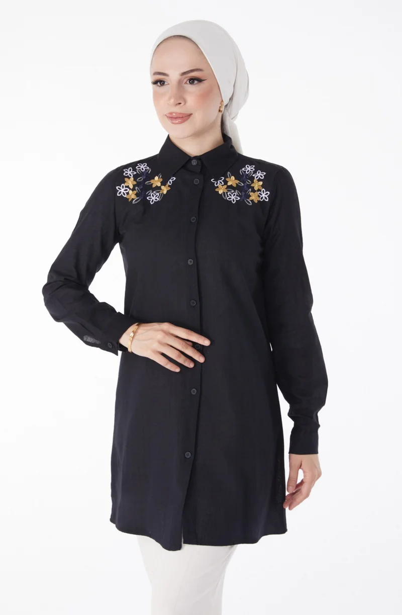 Tofisa Plain Shirt Collar Women's Black Embroidered Shirt - 13167