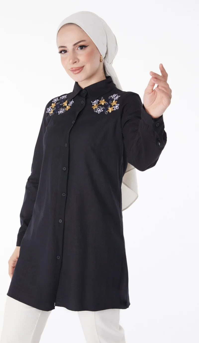 Tofisa Plain Shirt Collar Women's Black Embroidered Shirt - 13167