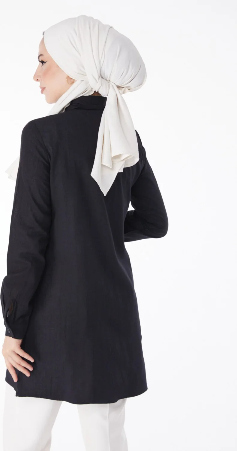 Tofisa Plain Shirt Collar Women's Black Embroidered Shirt - 13167
