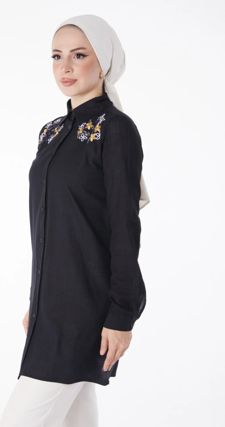 Tofisa Plain Shirt Collar Women's Black Embroidered Shirt - 13167